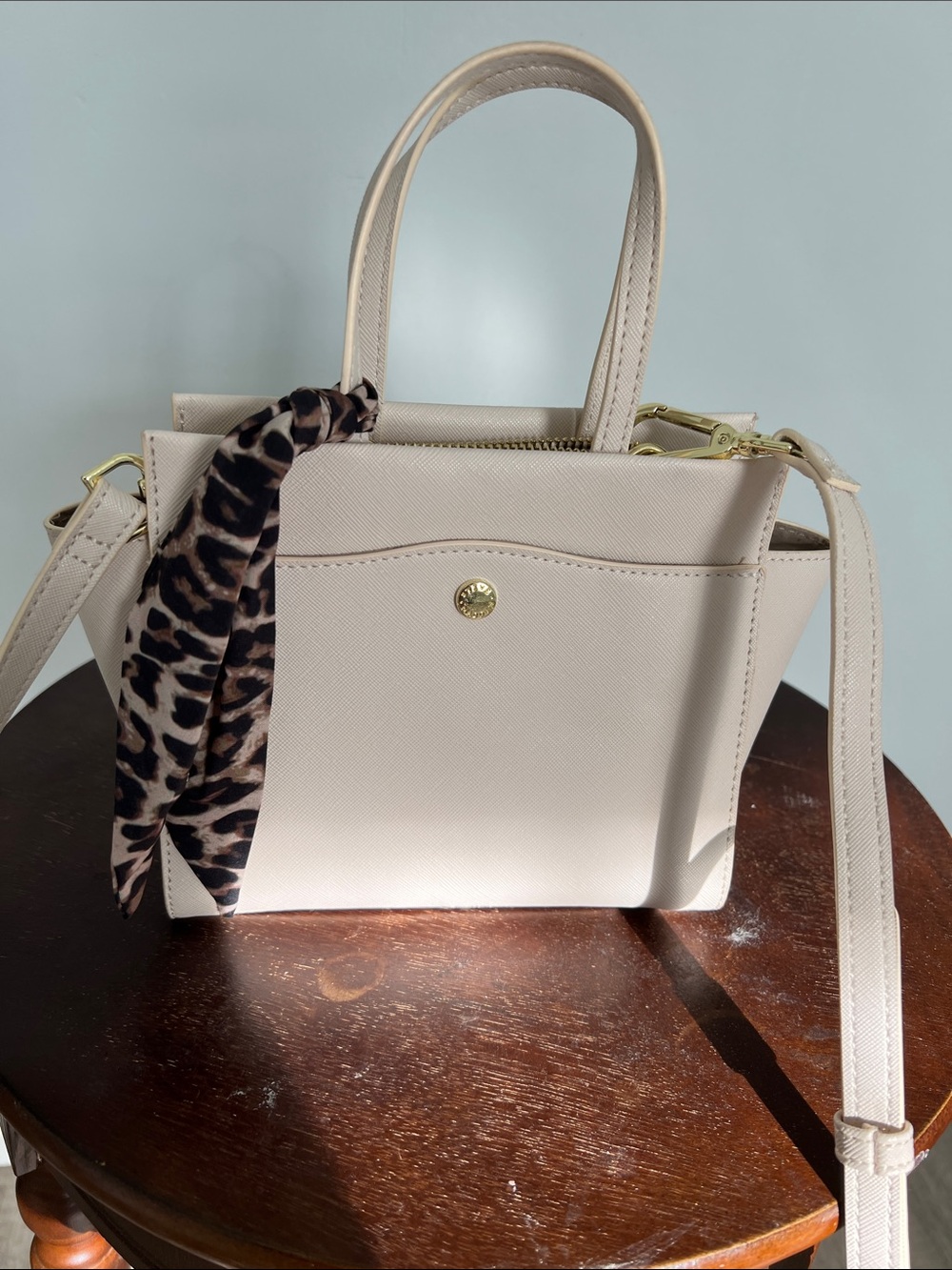 Steve Madden Cream Satchel with Leopard Scarf Accent